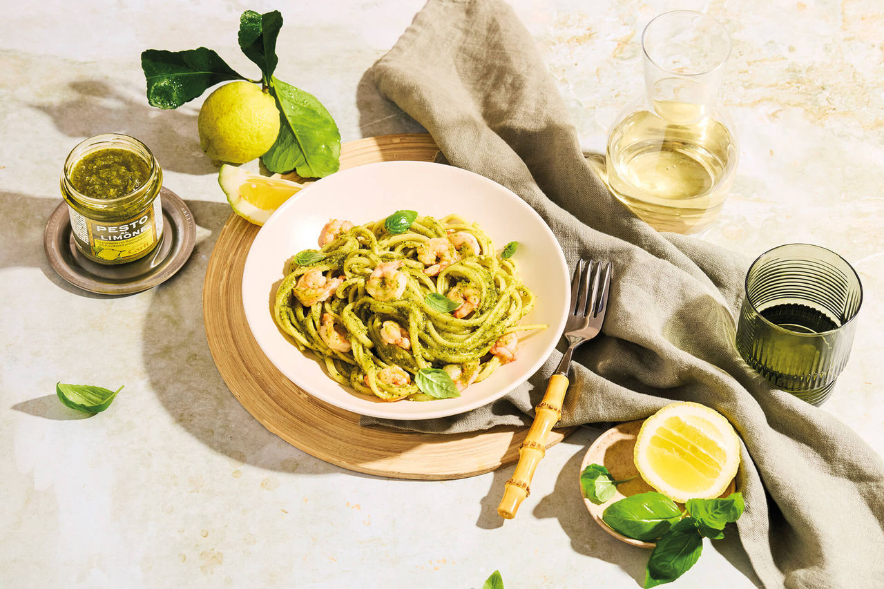 Pesto al Limone su Trenette con gamberetti