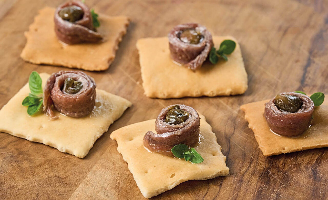 Filetti di Acciughe su Focaccia a tocchetti
