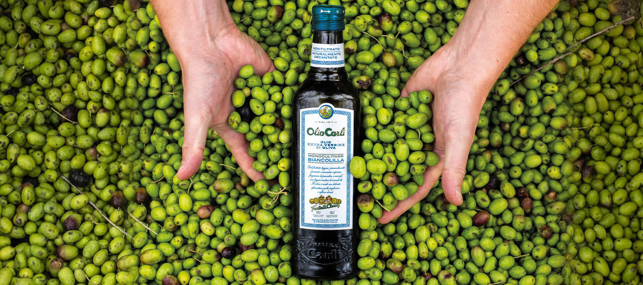 Bottiglia di OLIO CARLI Extra Vergine di Oliva Monocultivar Biancolilla adagiata su un letto di olive.