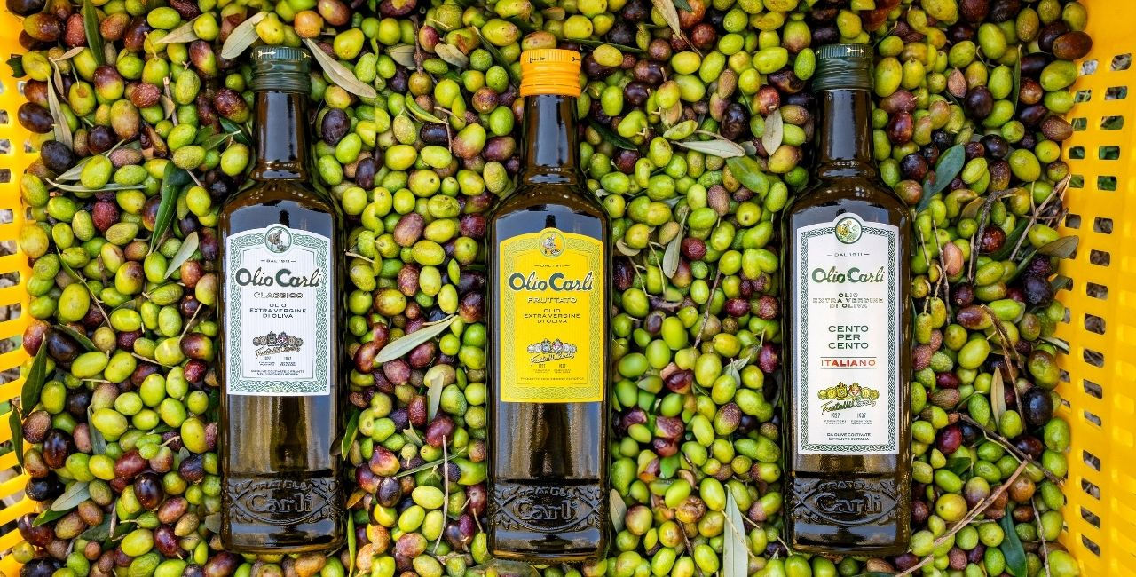 Tre bottiglie di OLIO CARLI Extra Vergine di Oliva appoggiate ad un letto di olive
