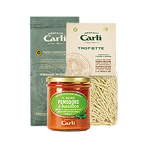Vaso di Sugo Pomodoro e Basilico Fratelli Carli e due confezioni di pasta Fratelli Carli