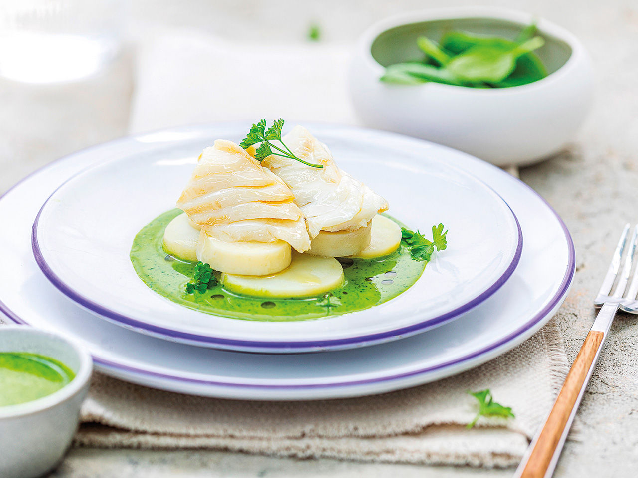 merluzzo con patate su crema di verdure.