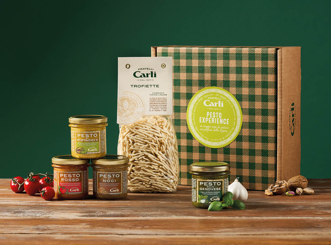 Confezione Pesto experience: Trofiette e Pesto alla genovese, Pesto Rosso, Pesto di Noci e Pesto di Pistacchi Fratelli Carli