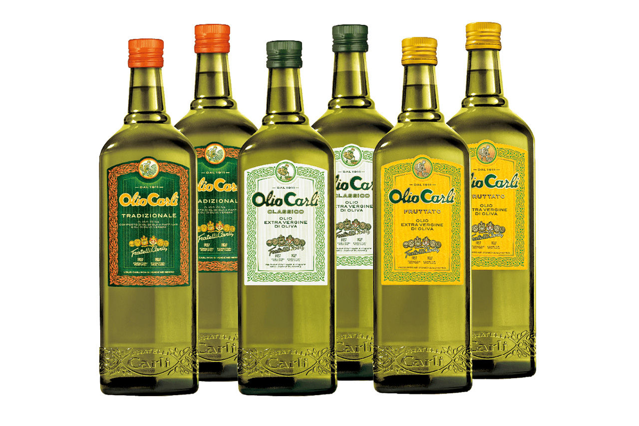 Bottiglie Olio Carli Tradizionale, Olio Carli Extra Vergine di Oliva delicato e Olio Carli Extra Vergine di Oliva Fruttato